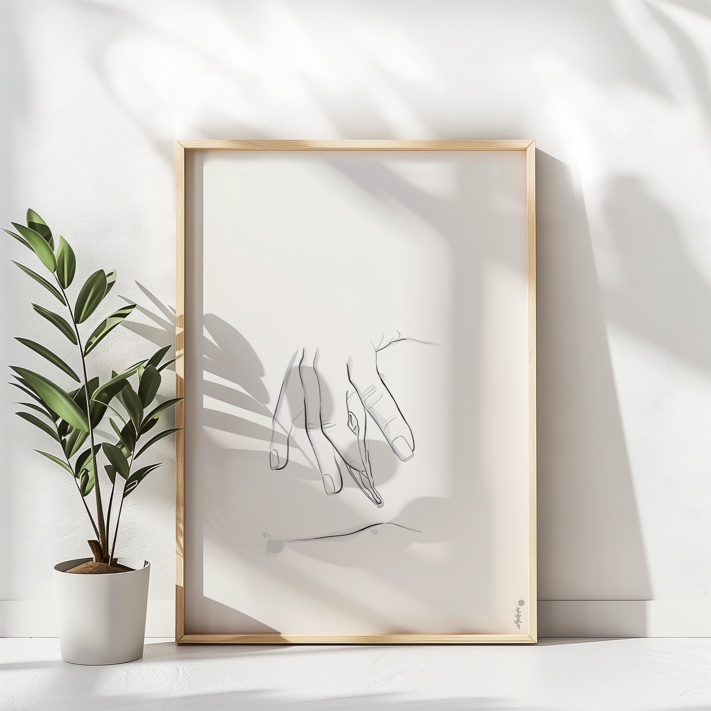 Original erotic art illustration in a framed art print mockup, showcasing abstract minimalist nude and elegant erotica in a white room with a gorgeous lush green plant