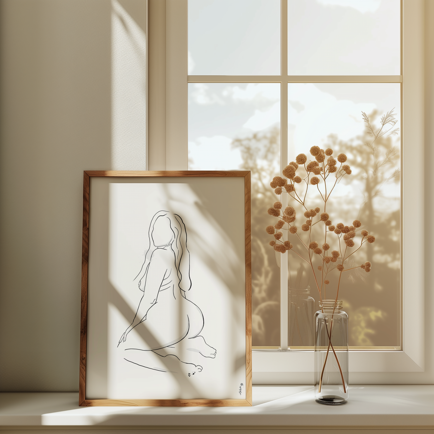 Erotic art illustration displayed in a frame mockup, showcasing a digital downloadable erotica artwork featuring a minimalist style. The artwork is placed in a room in front of a window