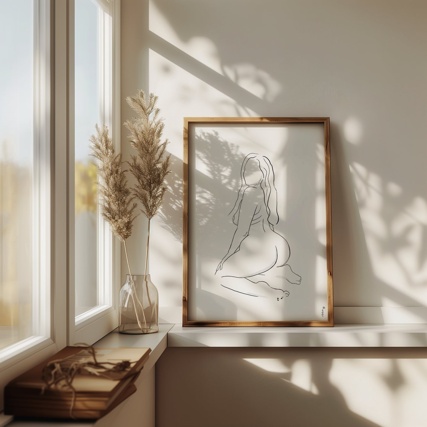 Erotic art illustration displayed in a picture frame mockup, showcasing a digital downloadable erotica artwork featuring a minimalist style. The artwork is placed in a natural styled room near a window.