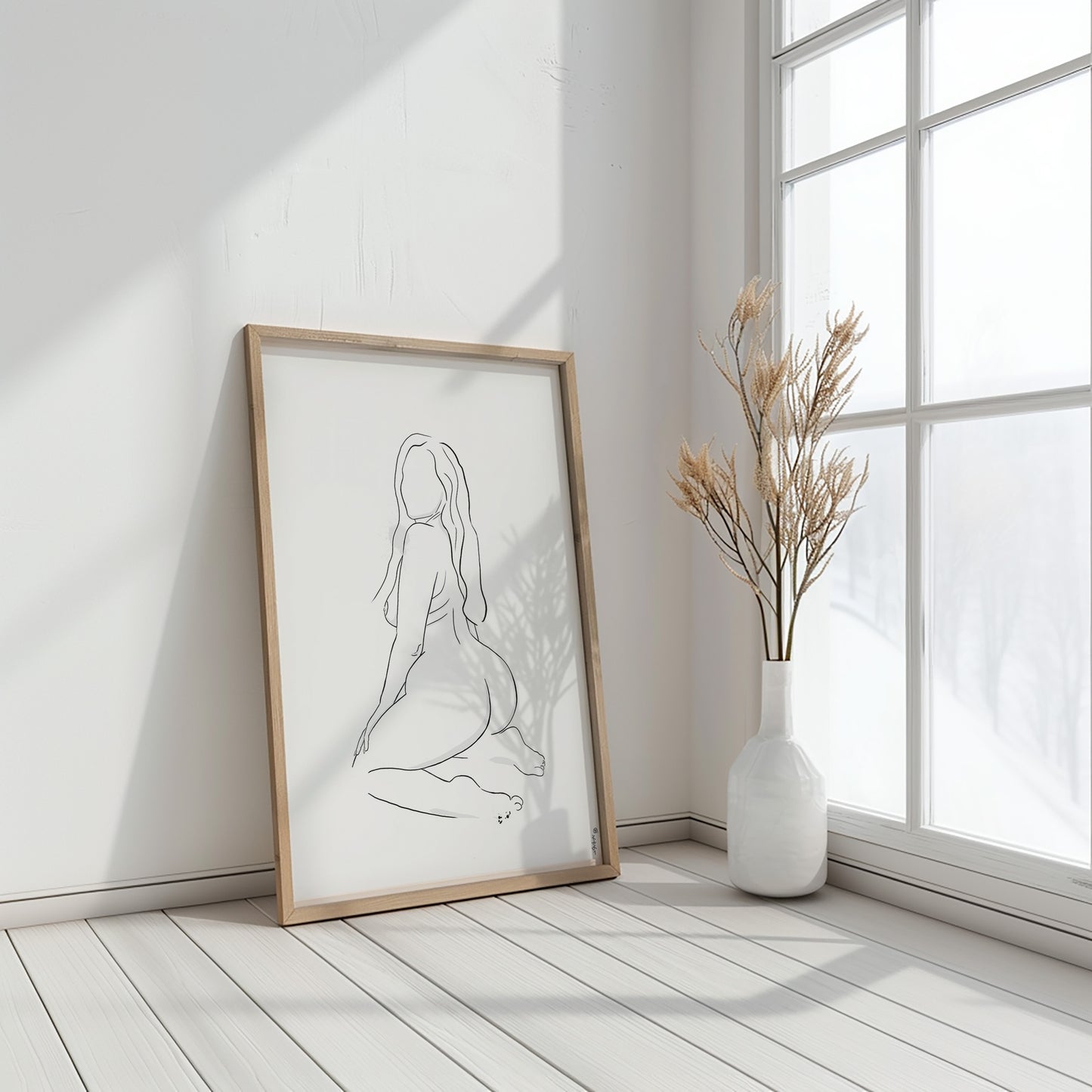 Erotic art illustration displayed in a photo mockup, showcasing a digital downloadable erotica artwork featuring a minimalist style. The artwork is placed in a bright white room near a window with a plant in front of it