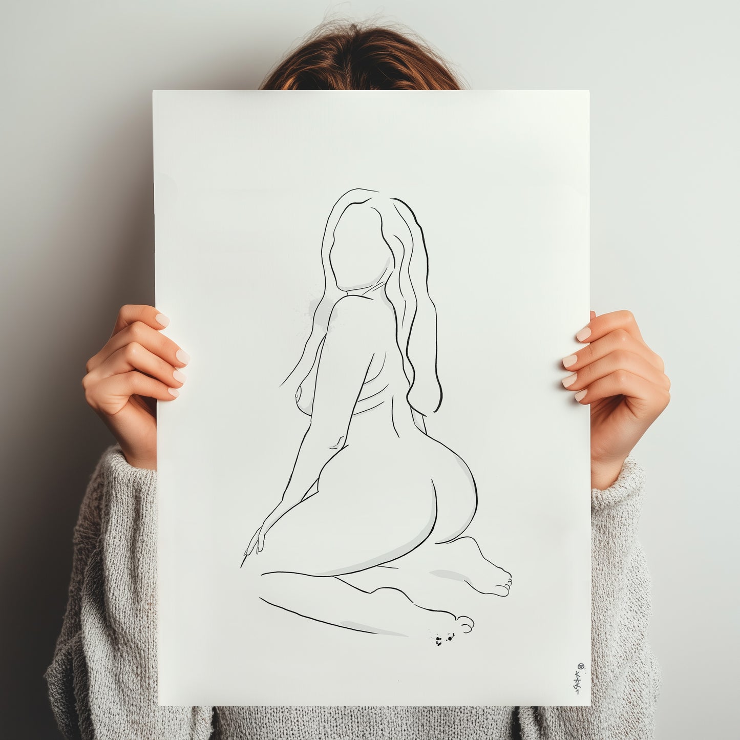 Erotic art illustration displayed in a art print mockup, showcasing a digital downloadable erotica artwork featuring a minimalist style. The artwork is held up by a woman