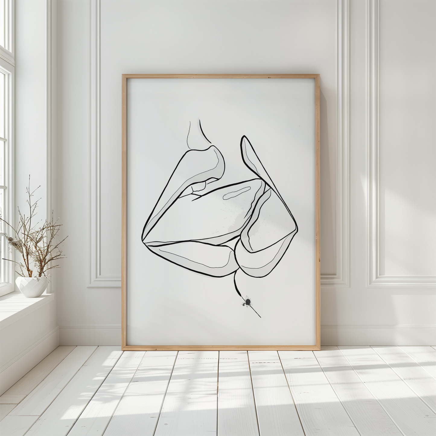 Downloadable erotic art of two mouths kissing. The erotica art is in a wooden frame, placed in a white room
