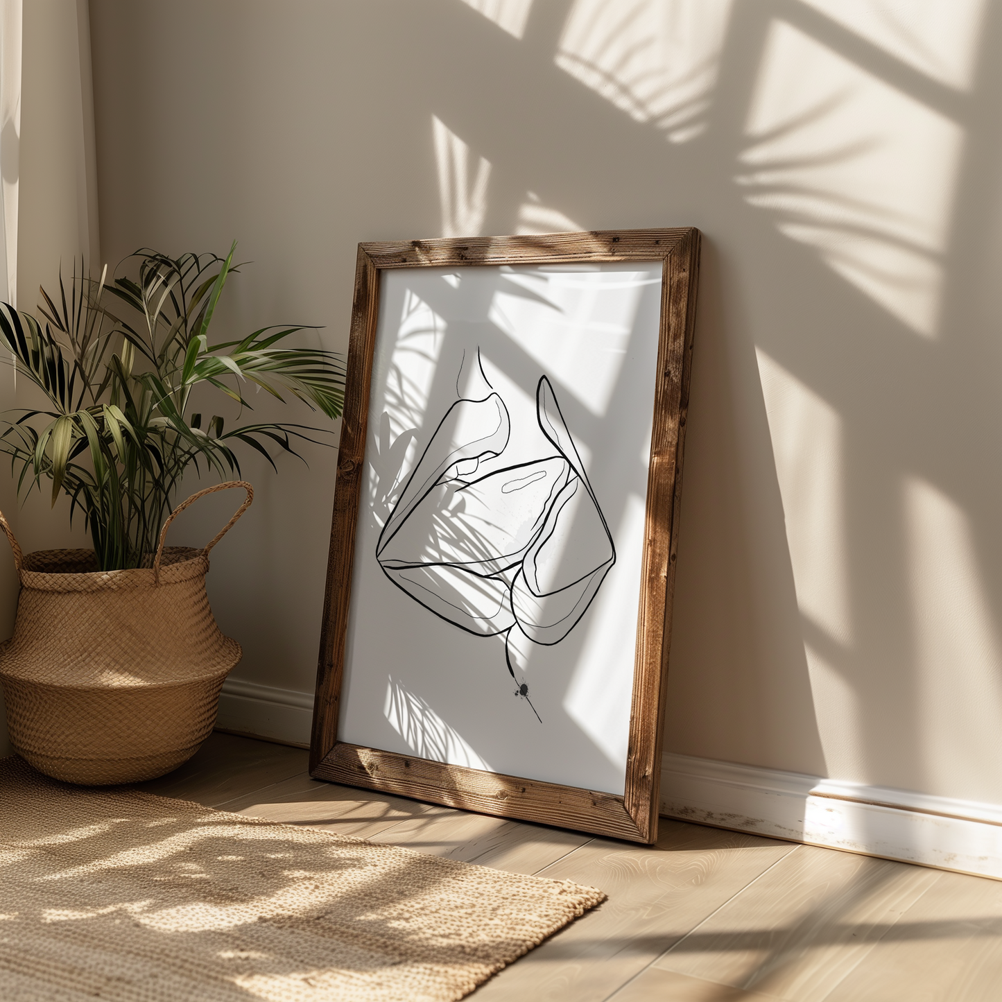 Mockup of downloadable erotic art of two mouths kissing. The erotica art is in a wooden frame, placed in a boho styled room
