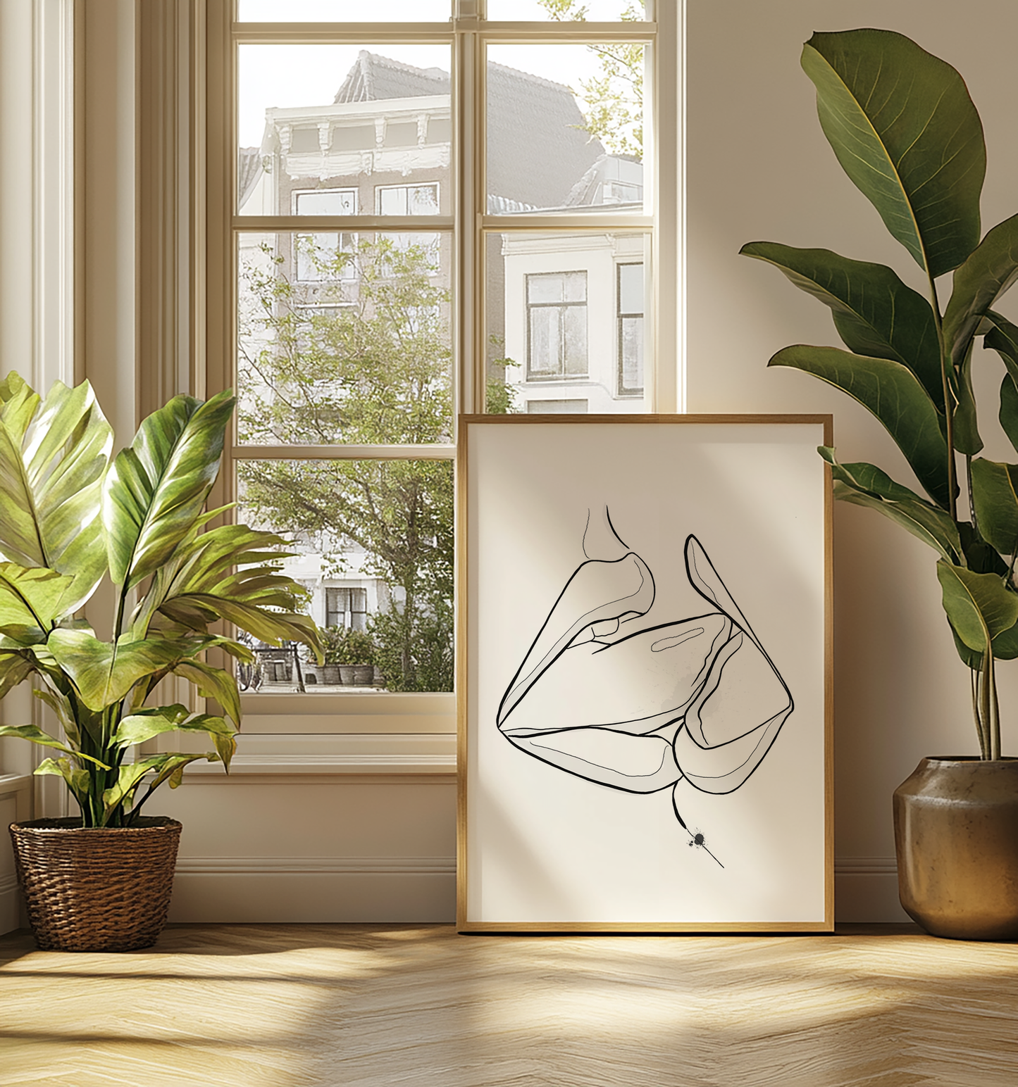 Mockup of downloadable erotic art of two mouths kissing. The erotica art is in a wooden frame, placed in a boho styled living room