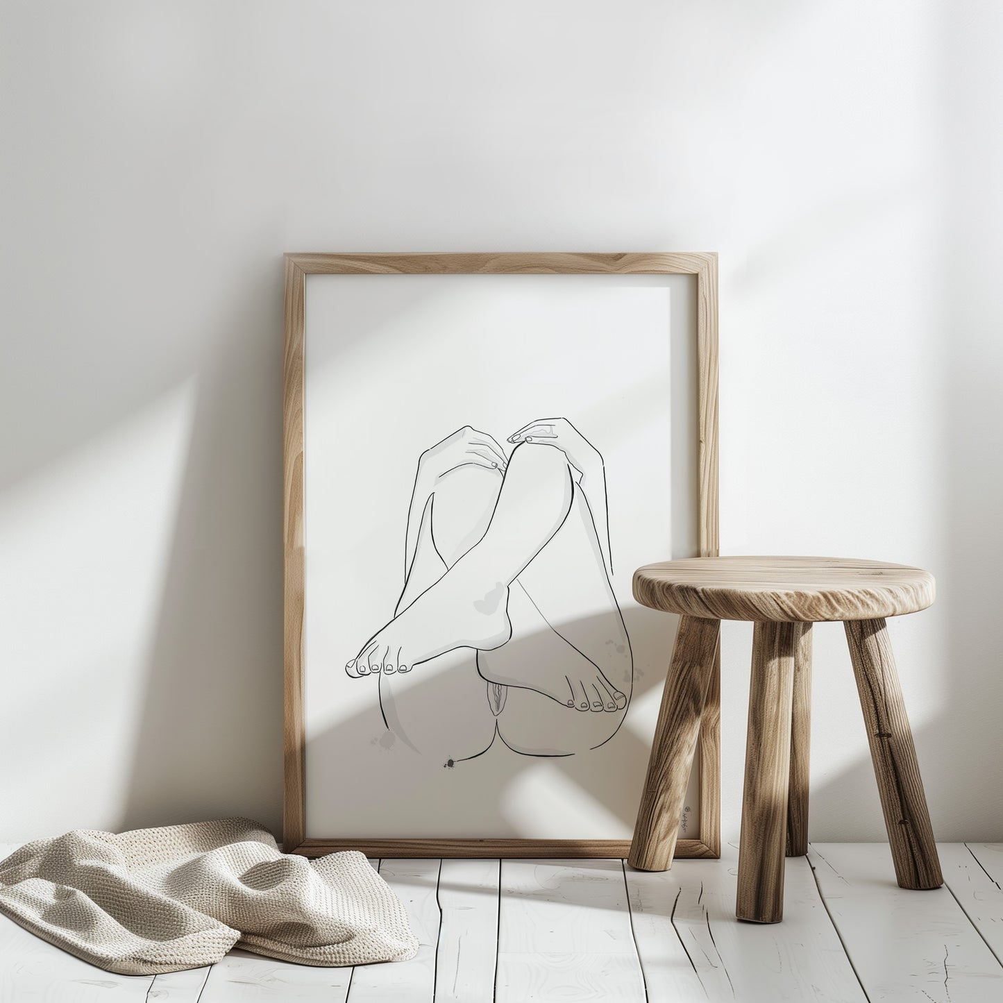 Original erotic art illustration in a framed art print mockup, showcasing abstract minimalist nude and elegant erotica in a white room with ibiza style decoration