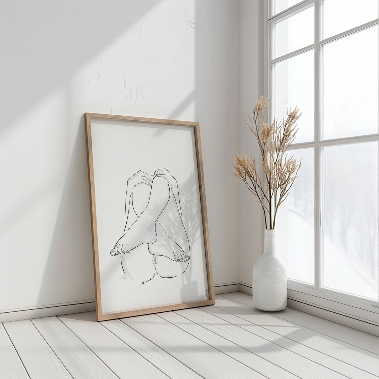 Original erotic art illustration in a framed art print mockup, showcasing abstract minimalist nudes and elegant erotica in a white room next to a big window