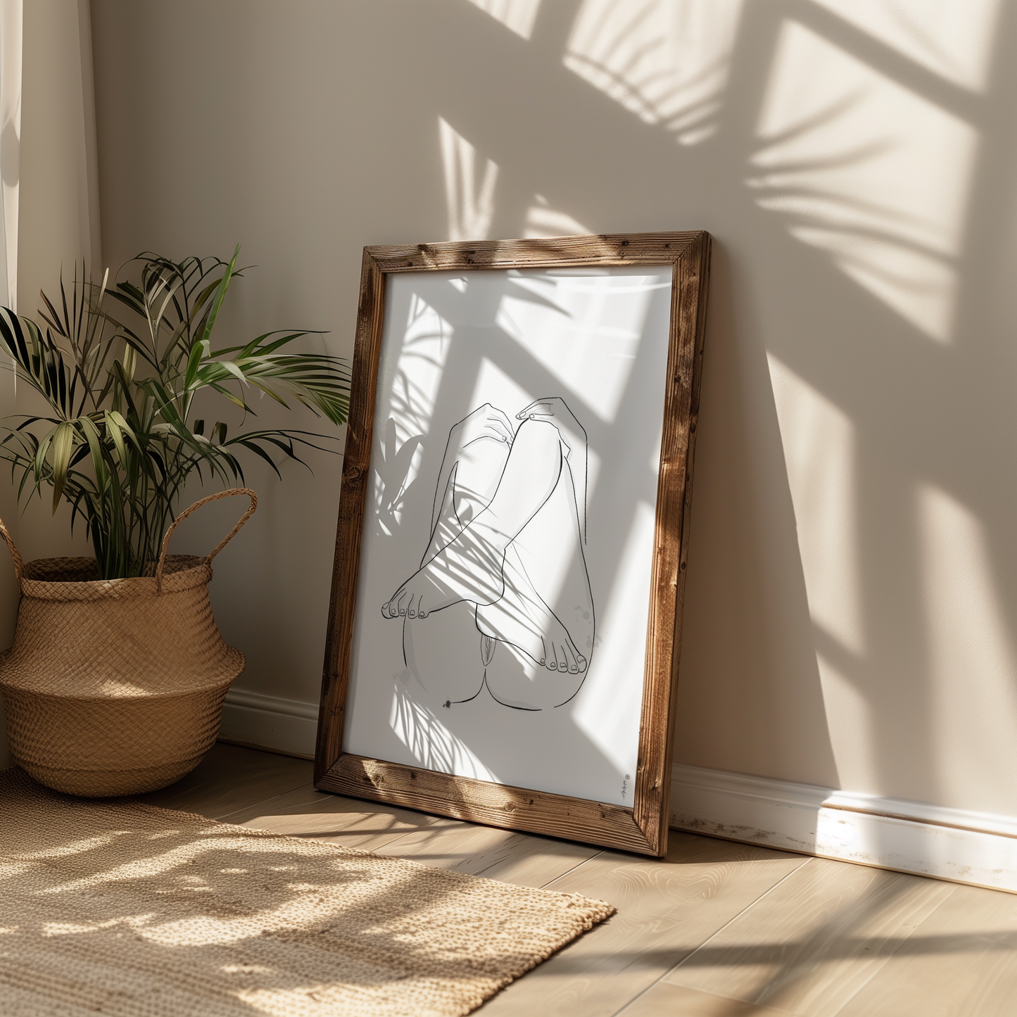 Original erotic art illustration in a framed art print mockup, showcasing abstract minimalist nudes and elegant erotica in a bohemian interior