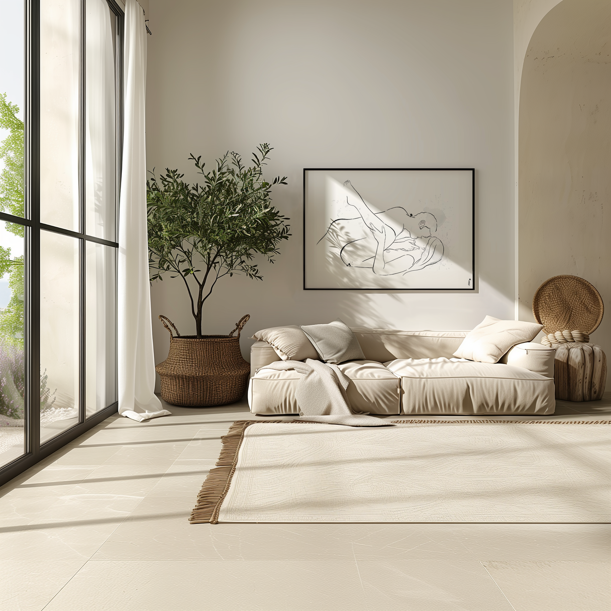 Photo mockup with a digital downloadable erotic art illustration, featuring simple, elegant nudes and erotica in gorgeous apartment