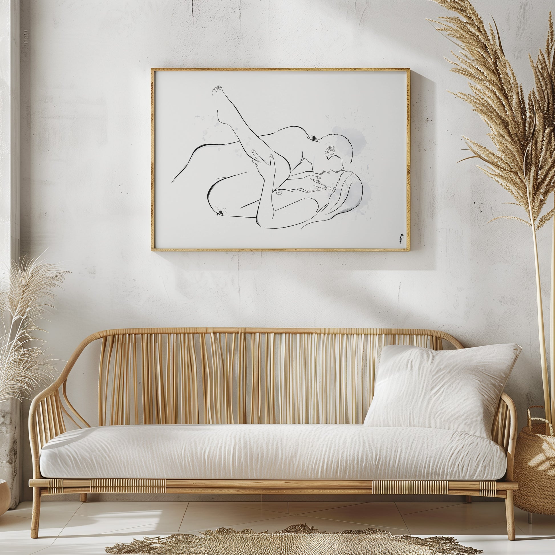 Photo mockup with a digital downloadable erotic art illustration, featuring simple, elegant nudes and erotica in boho interior