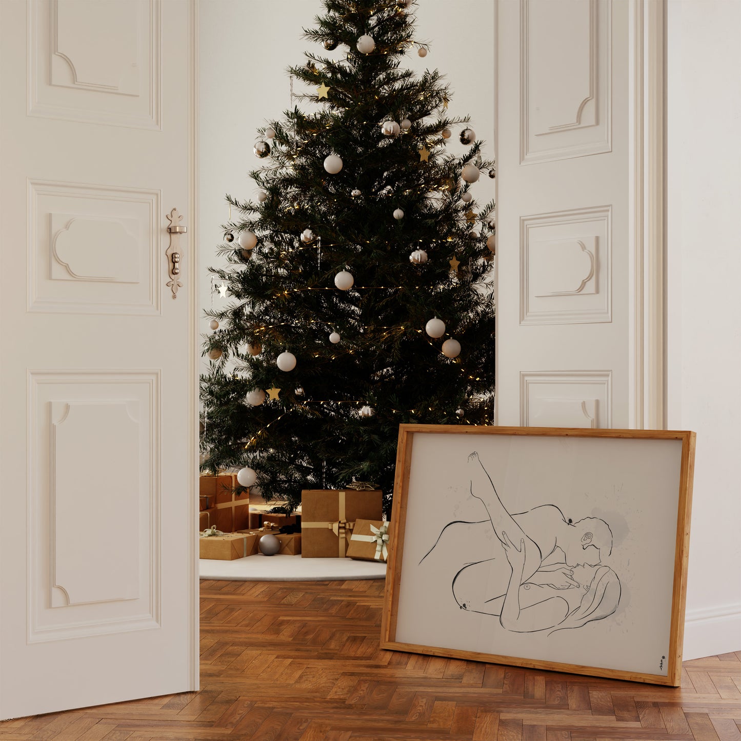 Erotic art illustration of a nude figure displayed in a photo mockup with a Xmas tree in the background, highlighting a digital downloadable erotica artwork ready for purchase.