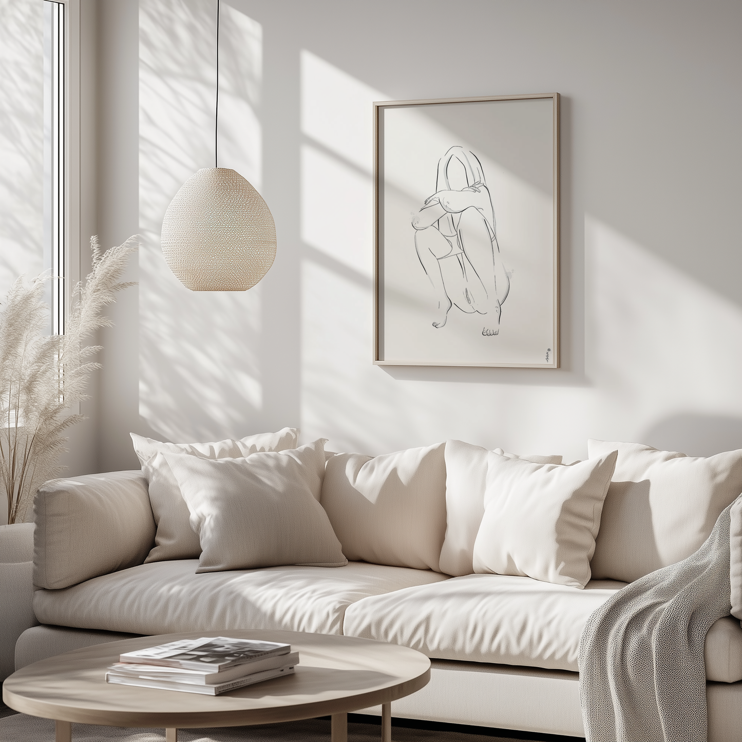 Original erotic art illustration in a mockup, showcasing abstract minimalist nudes and elegant erotica in a white living room