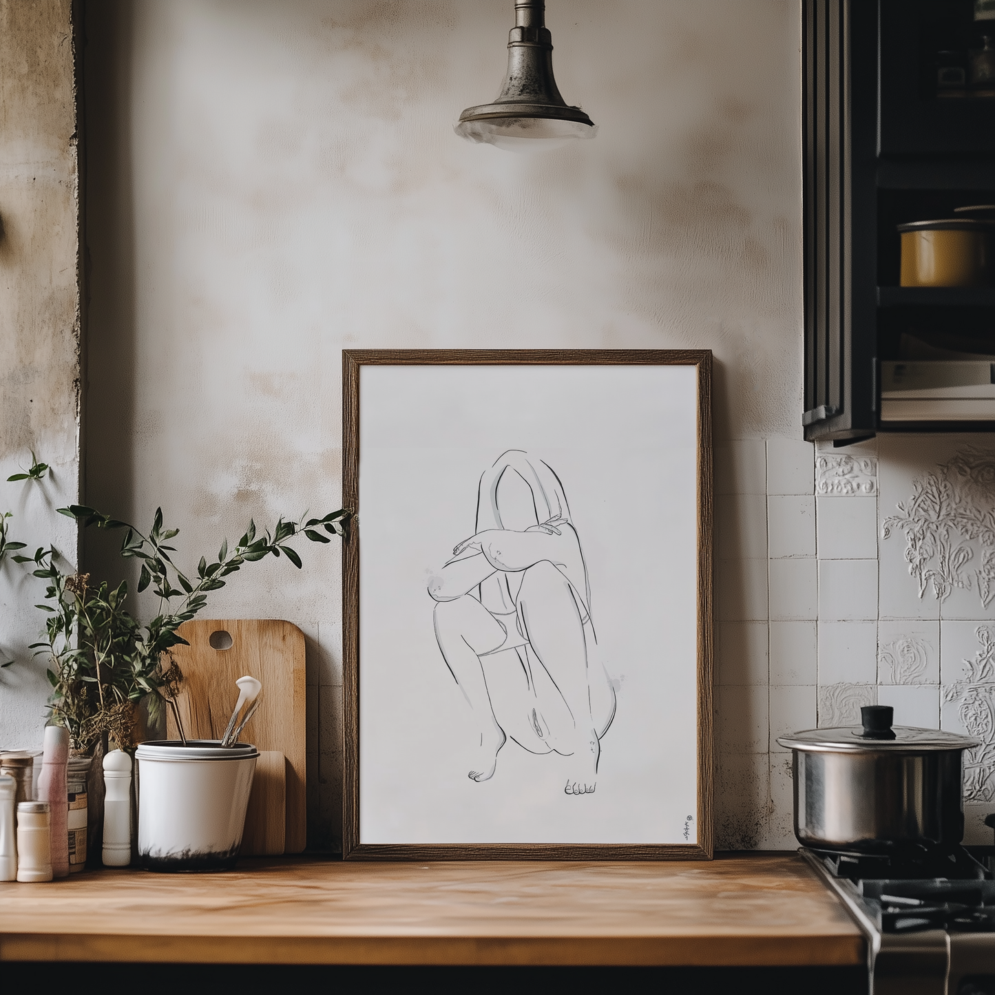 Original erotic art illustration in a mockup, showcasing abstract minimalist nudes and elegant erotica in a kitchen