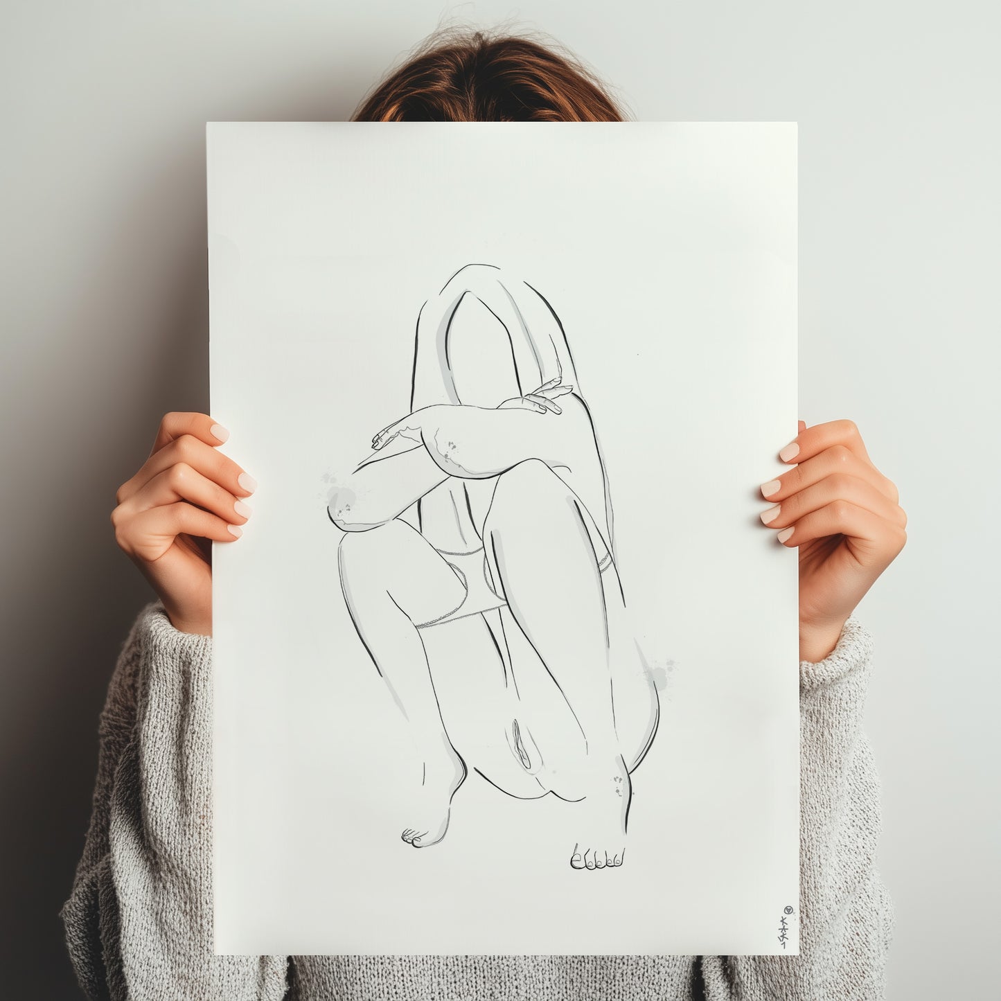Woman holding up a original erotic art illustration in a mockup photo, showcasing abstract minimalist nudes