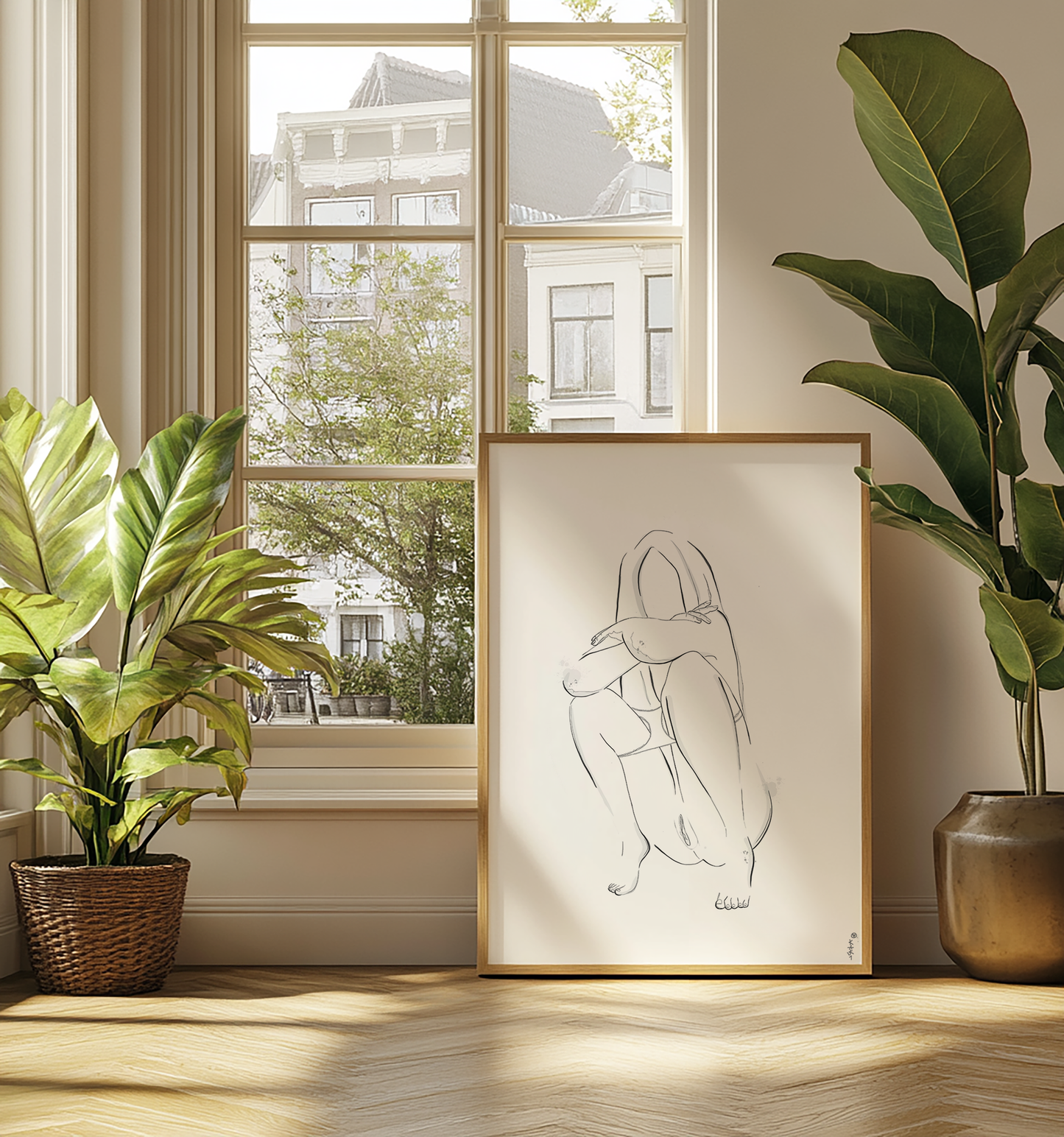 Original erotic art illustration in a mockup, showcasing abstract minimalist nudes and elegant erotica in an urban loft, with 2 big plants