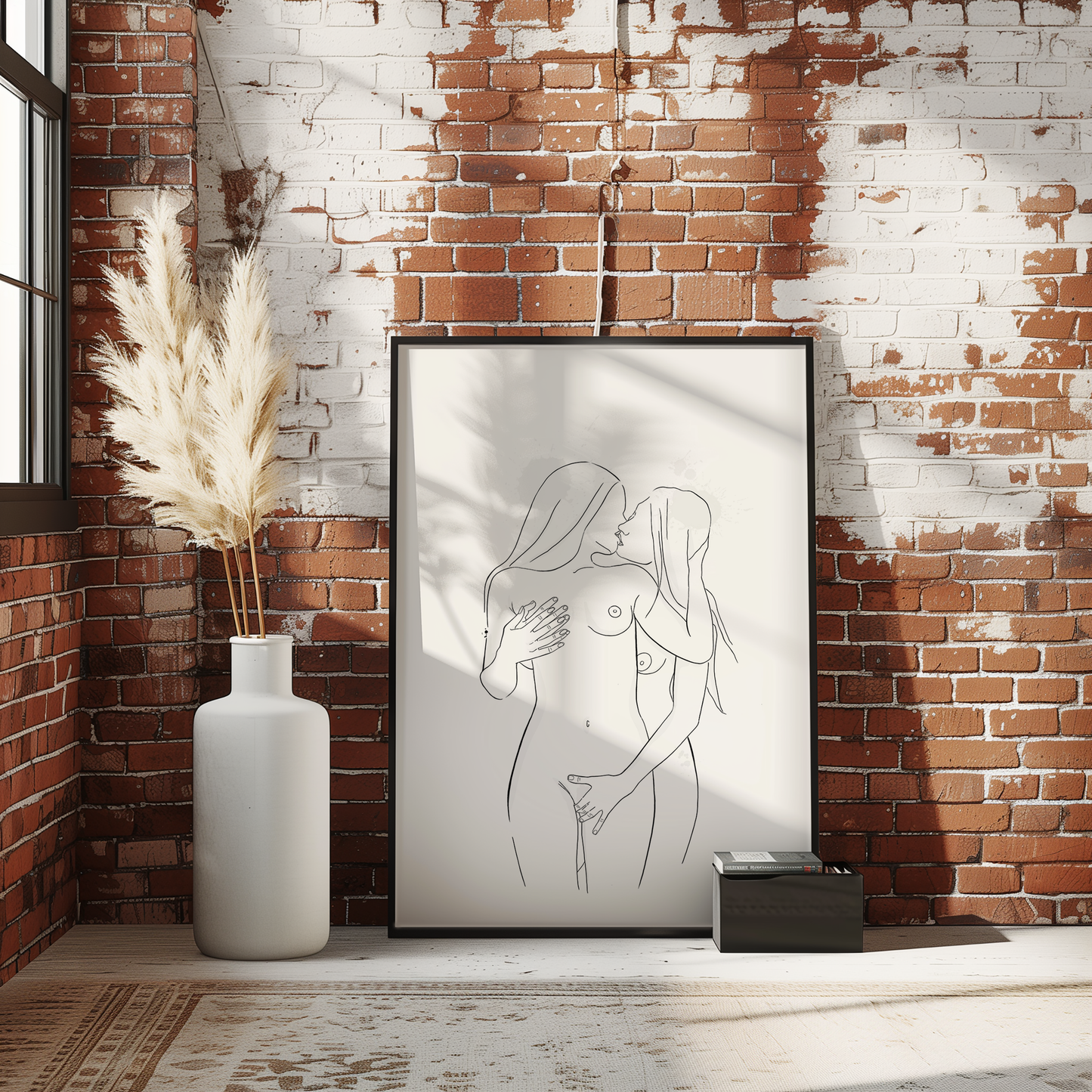 Mockup displaying erotic art of 2 nude women, in black wooden frame on brick wall