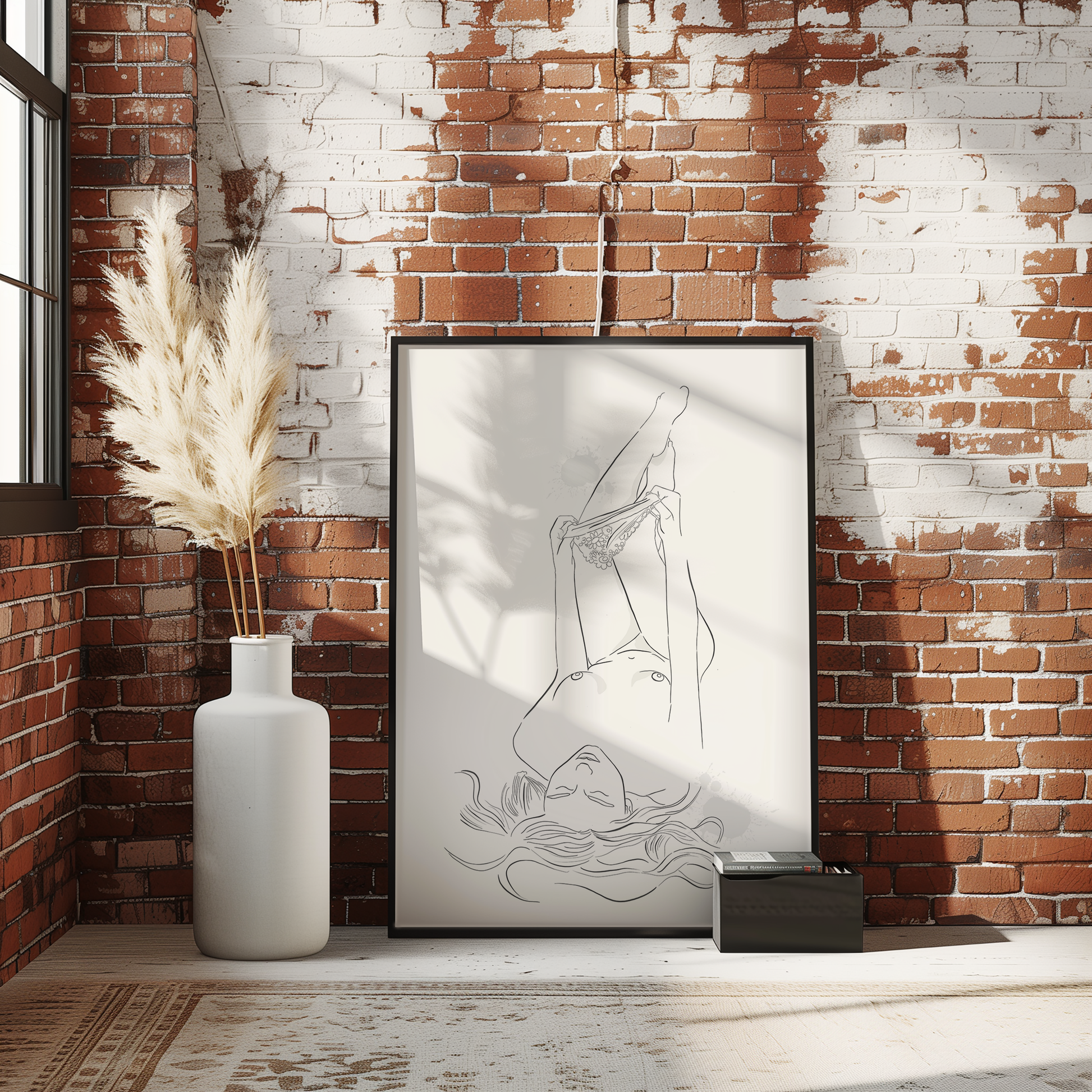 Mockup of an illustration of a nude woman undressing. This erotic art is placed in a black frame and leans against an industrial brick wall