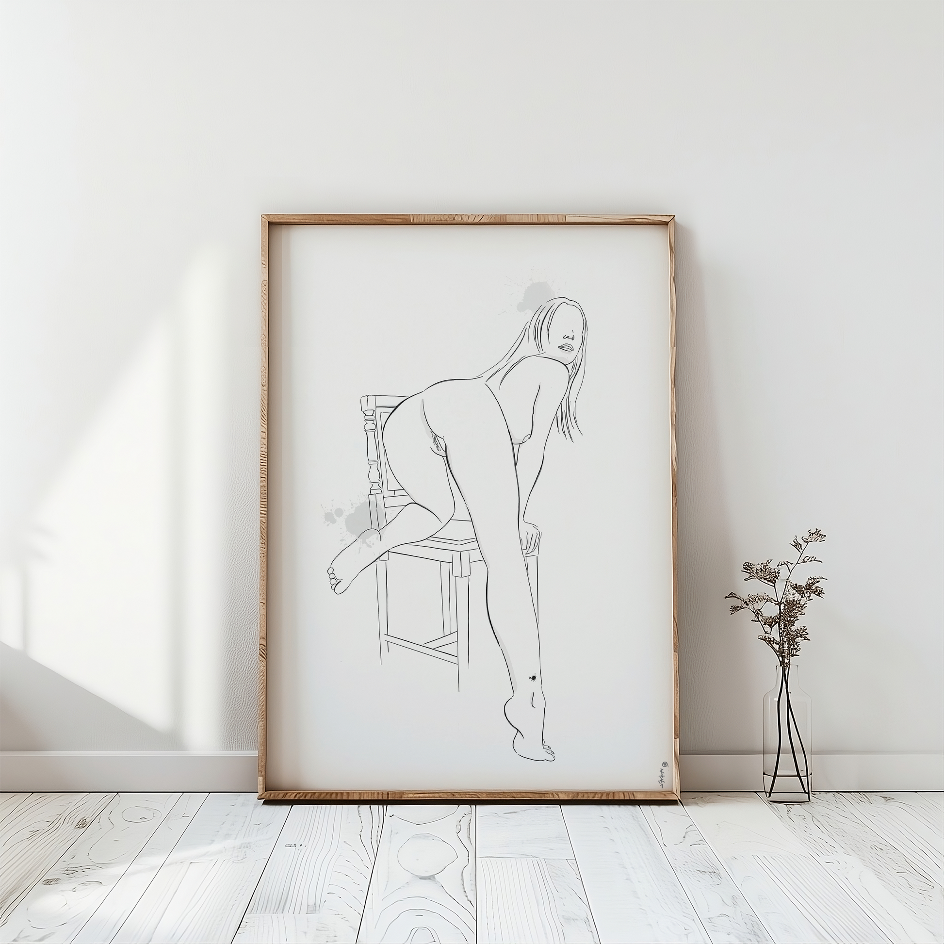 Original erotic art illustration in a photo frame mockup, placed on a white floor, showcasing abstract minimalist nudes and erotica for download