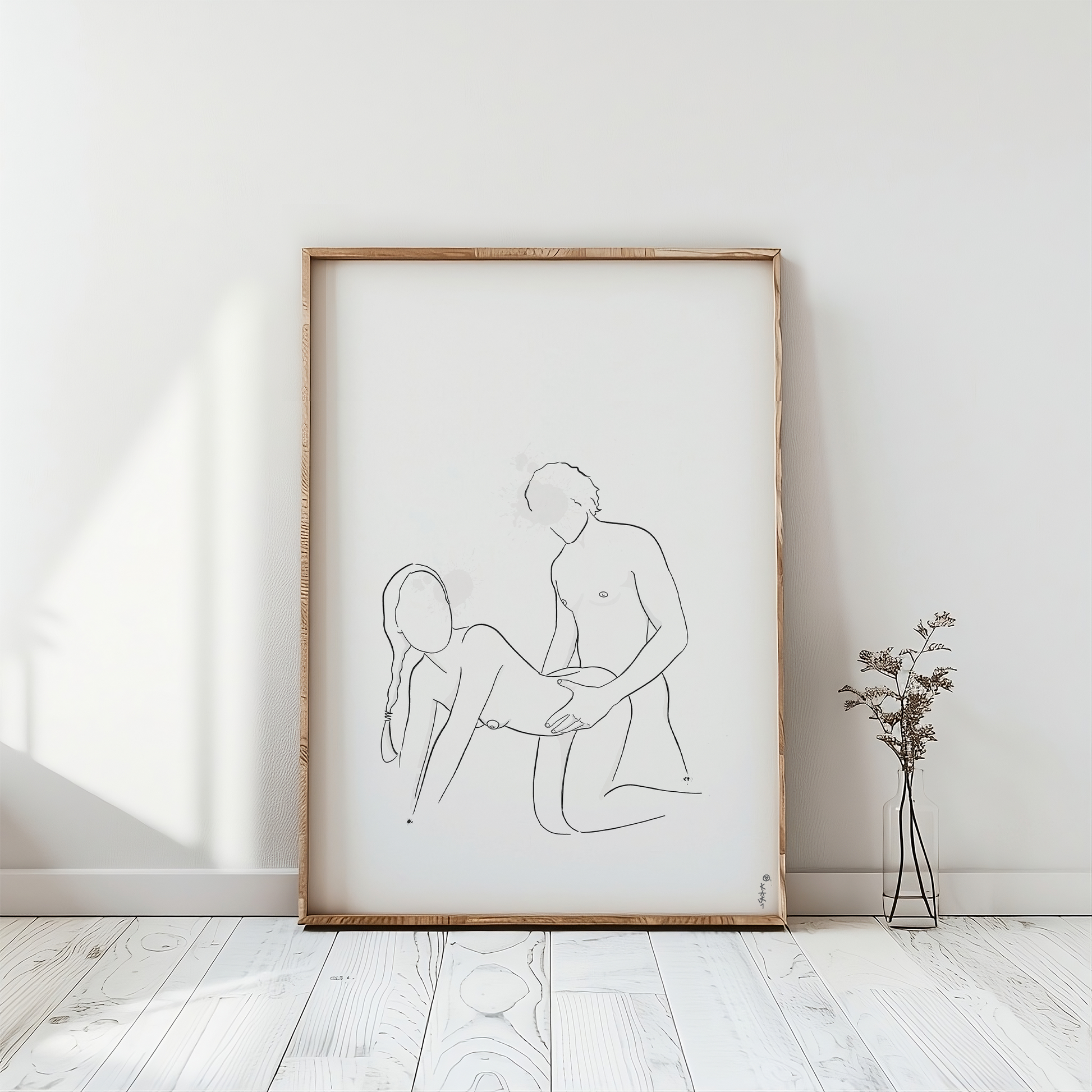 Erotic art nude figure illustration in a photo mockup, the art is placed on a white floor, in a light room, and is ready for digital download and purchase