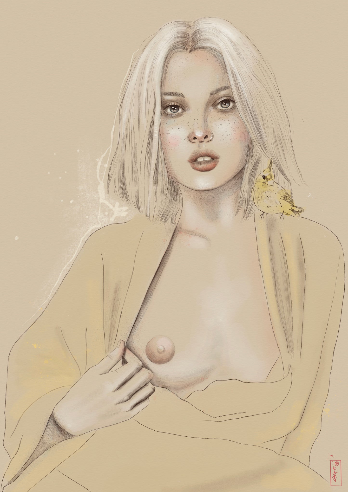 Artistic illustration of a woman with a bird on her shoulder against a beige background