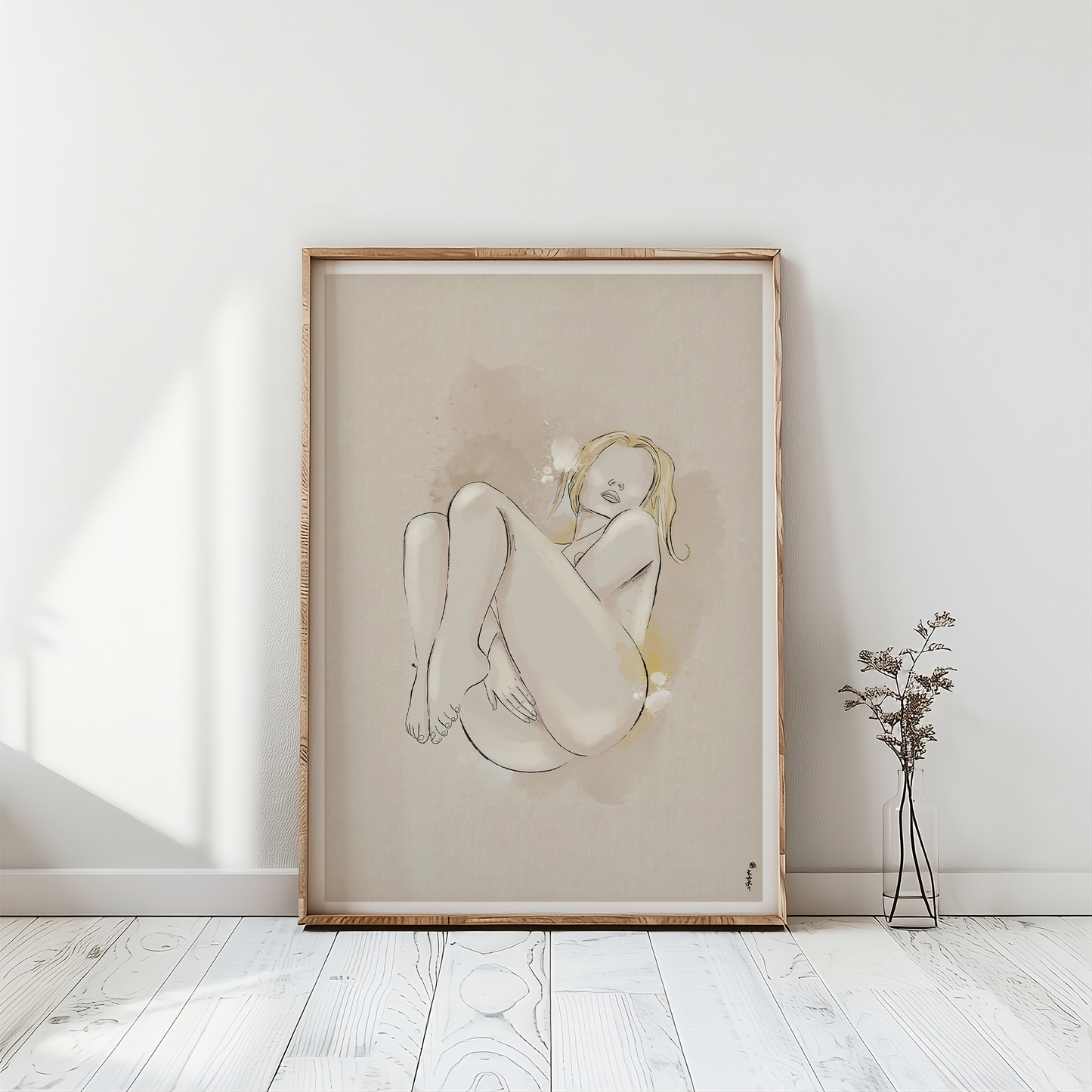 Mockup of a Erotic Watercolor Line Art Print placed in a natural wooden frame, in a white boho room, Showing elegant erotic art of a nude woman