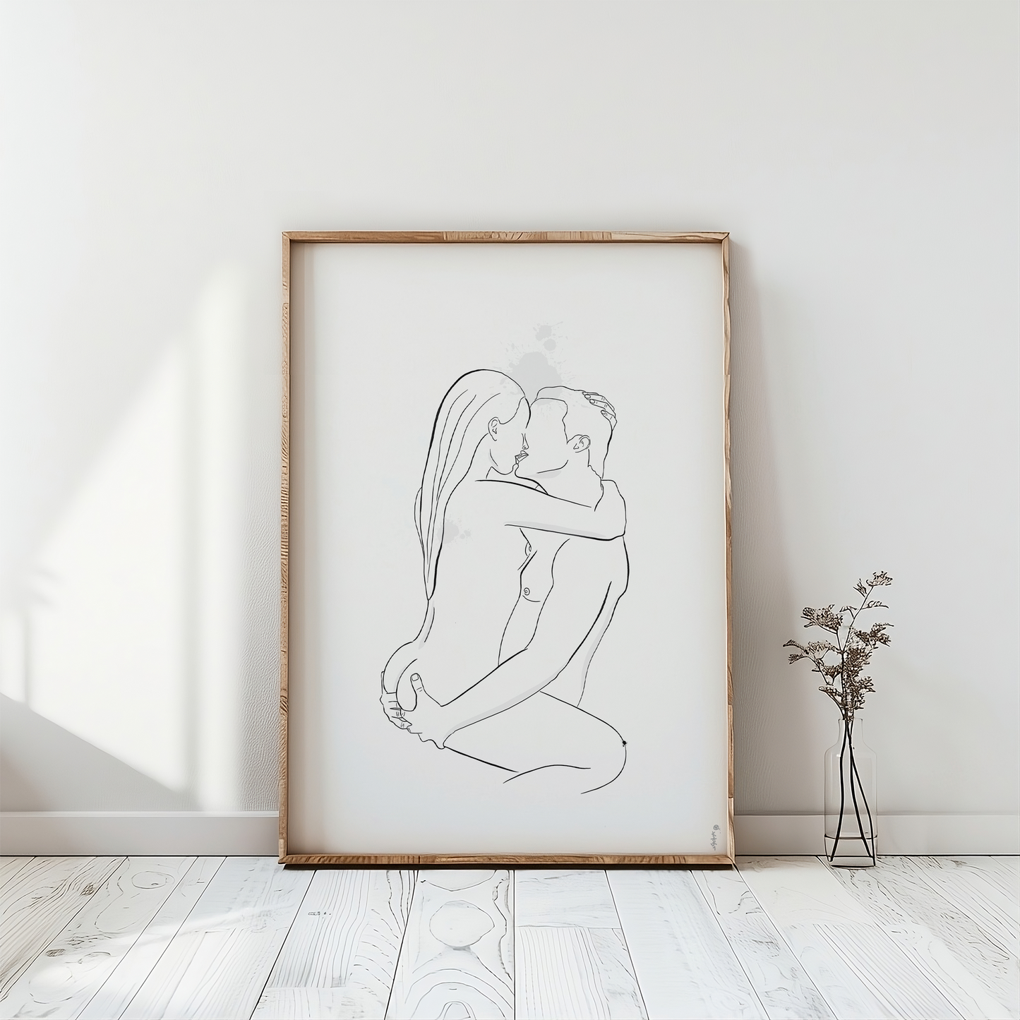 Digital downloadable erotic art in a photo mockup, showcasing erotica and elegant nudes, placed in a frame on a wooden floor