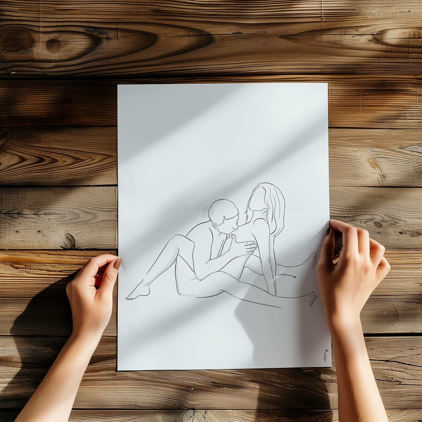 Erotic art nude figure illustration in a photo mockup, the art is placed on a wooden table, and is ready for digital download and purchase